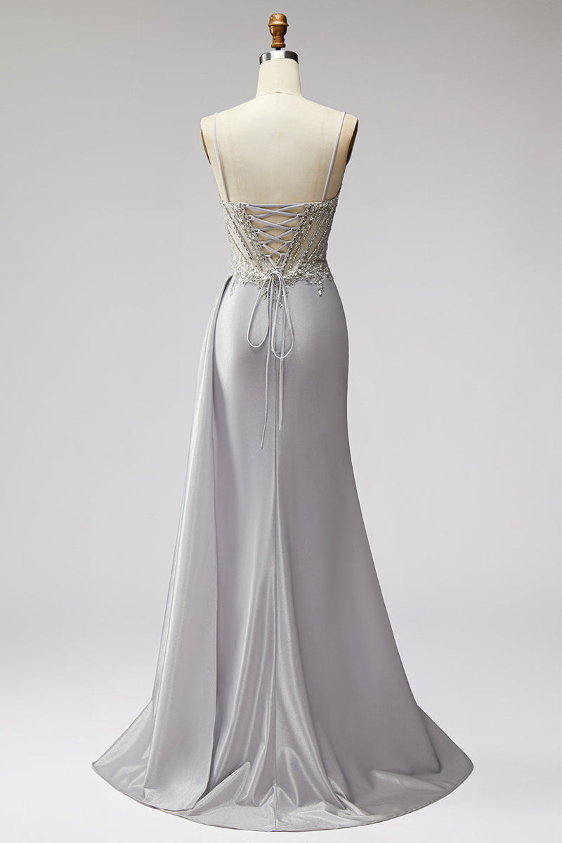 Laden Sie das Bild in den Galerie-Viewer, Hellgraues Korsett, Satinperlen, Strasssteine, Meerjungfrauen-Abschlussballkleid mit Drapieren,