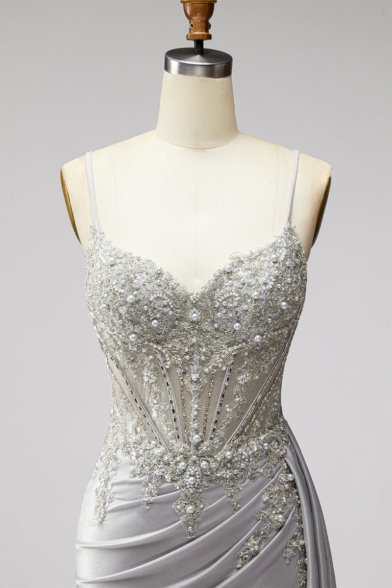 Laden Sie das Bild in den Galerie-Viewer, Hellgraues Korsett, Satinperlen, Strasssteine, Meerjungfrauen-Abschlussballkleid mit Drapieren,