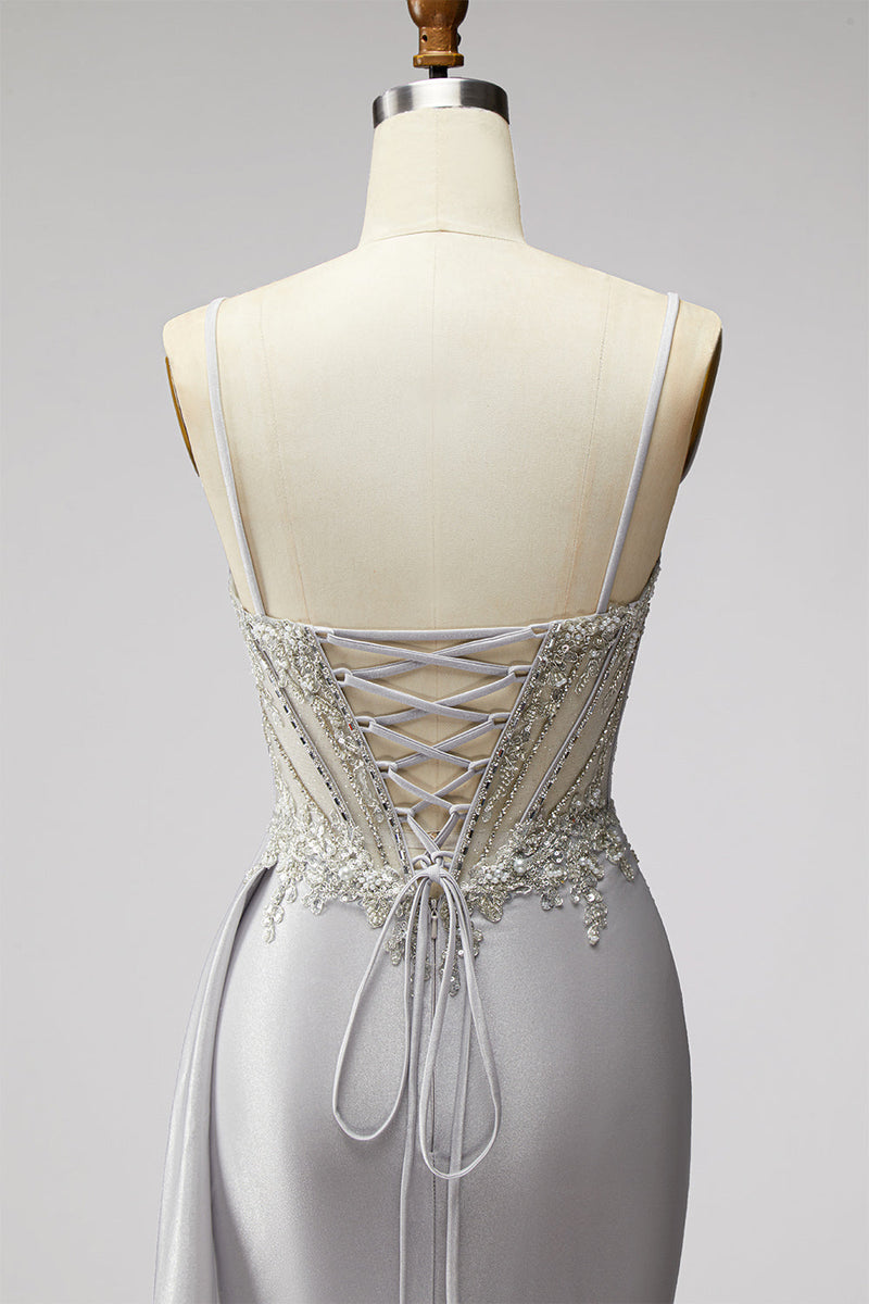 Laden Sie das Bild in den Galerie-Viewer, Hellgraues Korsett, Satinperlen, Strasssteine, Meerjungfrauen-Abschlussballkleid mit Drapieren,