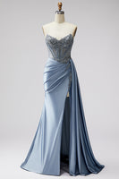 Laden Sie das Bild in den Galerie-Viewer, Blaues Korsett Transparentes V-Ausschnitt Gerafftes Rhstone Satin Langes Ballkleid mit Schlitz