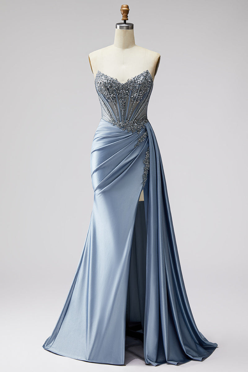 Laden Sie das Bild in den Galerie-Viewer, Blaues Korsett Transparentes V-Ausschnitt Gerafftes Rhstone Satin Langes Ballkleid mit Schlitz