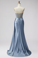 Laden Sie das Bild in den Galerie-Viewer, Blaues Korsett Transparentes V-Ausschnitt Gerafftes Rhstone Satin Langes Ballkleid mit Schlitz