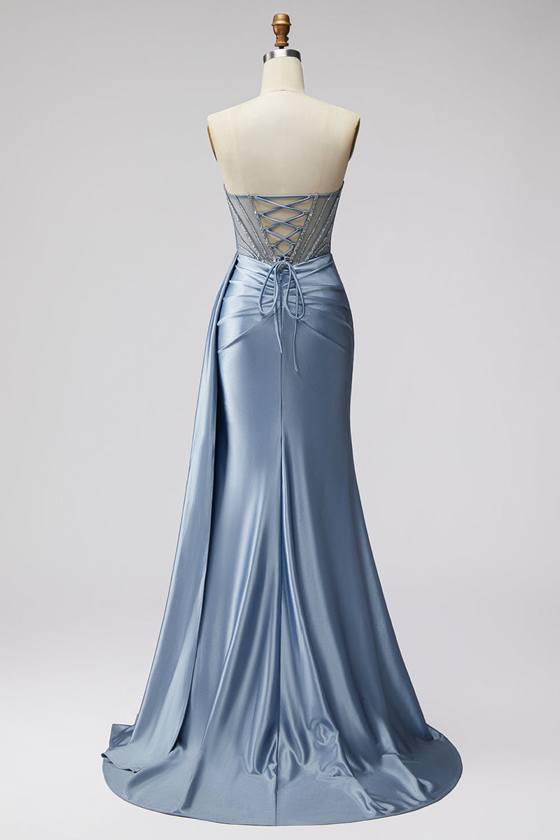 Laden Sie das Bild in den Galerie-Viewer, Blaues Korsett Transparentes V-Ausschnitt Gerafftes Rhstone Satin Langes Ballkleid mit Schlitz