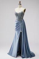 Laden Sie das Bild in den Galerie-Viewer, Blaues Korsett Transparentes V-Ausschnitt Gerafftes Rhstone Satin Langes Ballkleid mit Schlitz