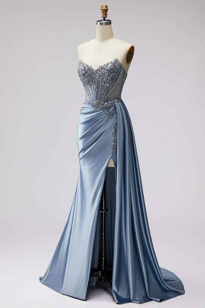 Laden Sie das Bild in den Galerie-Viewer, Blaues Korsett Transparentes V-Ausschnitt Gerafftes Rhstone Satin Langes Ballkleid mit Schlitz