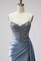Laden Sie das Bild in den Galerie-Viewer, Blaues Korsett Transparentes V-Ausschnitt Gerafftes Rhstone Satin Langes Ballkleid mit Schlitz