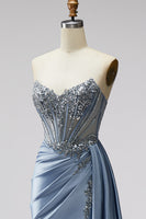 Laden Sie das Bild in den Galerie-Viewer, Blaues Korsett Transparentes V-Ausschnitt Gerafftes Rhstone Satin Langes Ballkleid mit Schlitz