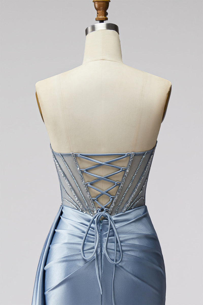 Laden Sie das Bild in den Galerie-Viewer, Blaues Korsett Transparentes V-Ausschnitt Gerafftes Rhstone Satin Langes Ballkleid mit Schlitz