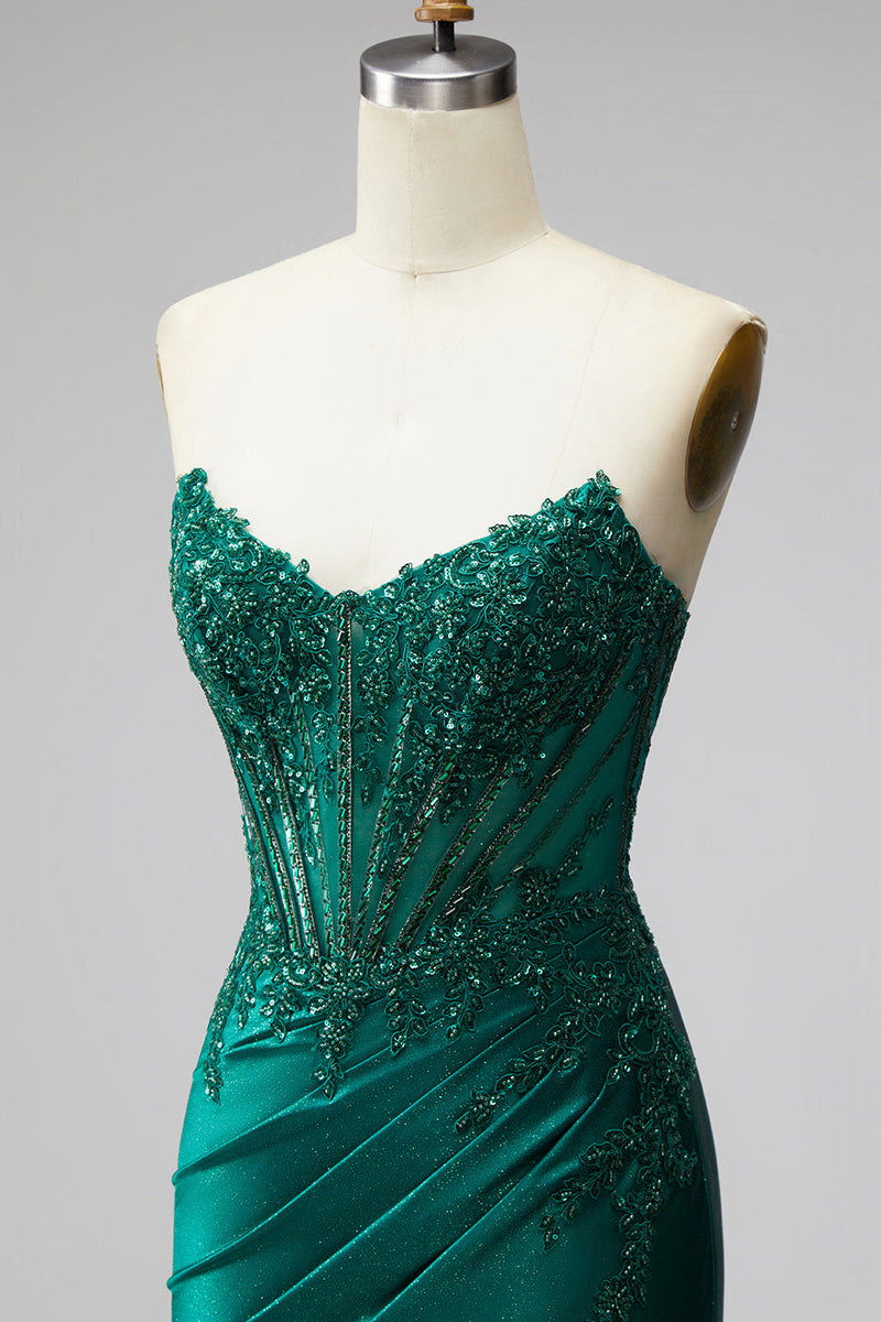 Laden Sie das Bild in den Galerie-Viewer, Glitzer Dunkelgrün Meerjungfrau Corsage Pailletten Satin Ohne Träger Langes Abiballkleid mit Perlenbesatz