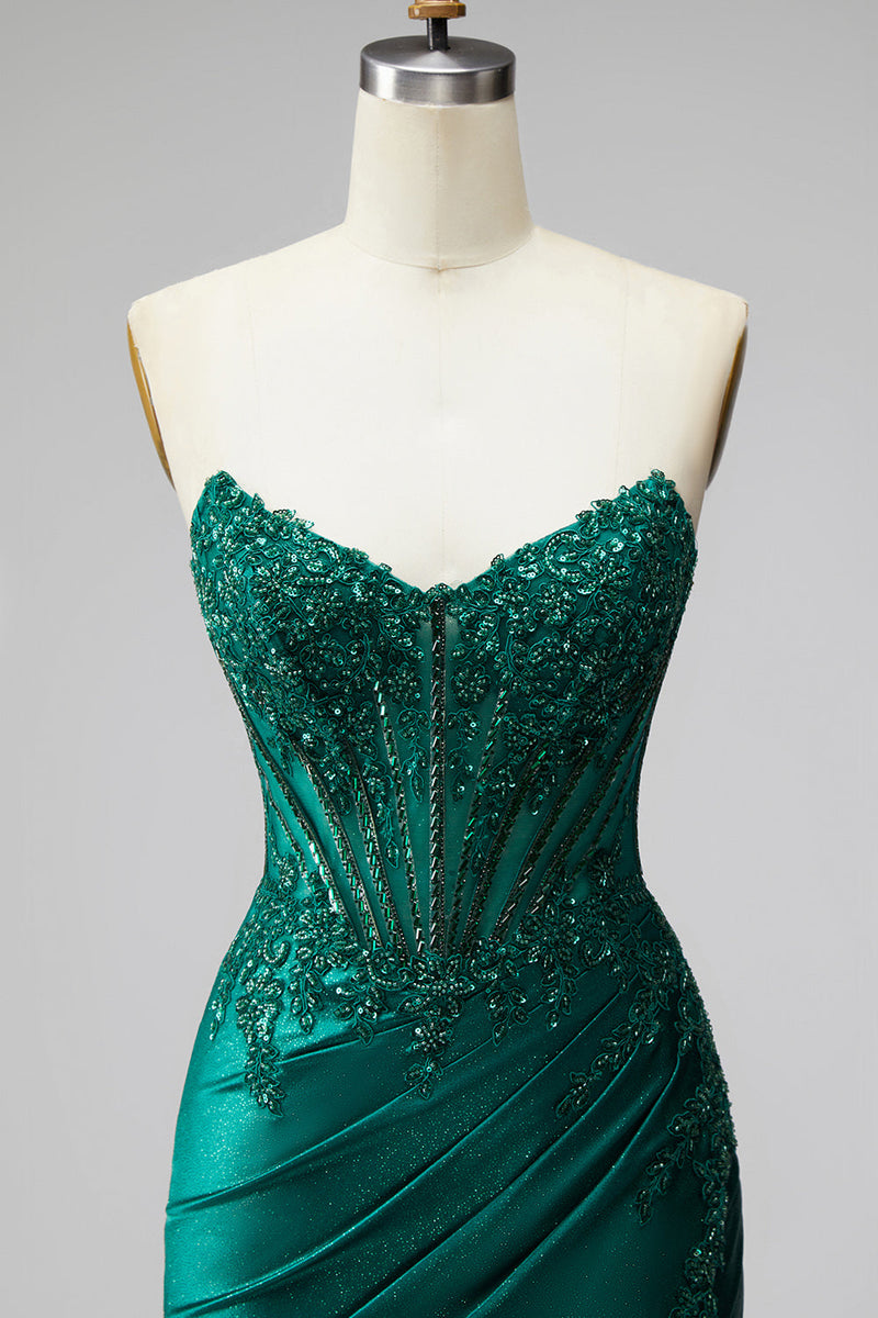 Laden Sie das Bild in den Galerie-Viewer, Glitzer Dunkelgrün Meerjungfrau Corsage Pailletten Satin Ohne Träger Langes Abiballkleid mit Perlenbesatz