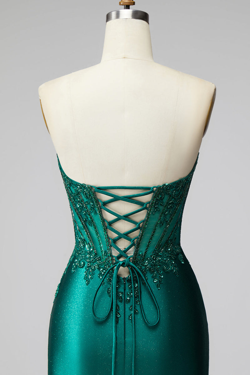 Laden Sie das Bild in den Galerie-Viewer, Glitzer Dunkelgrün Meerjungfrau Corsage Pailletten Satin Ohne Träger Langes Abiballkleid mit Perlenbesatz