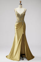 Laden Sie das Bild in den Galerie-Viewer, Goldenes Meerjungfrauen Korsett Satin Strassstein Gerafftes Spaghettiträger Langes Abschlussballkleid mit Schlitz