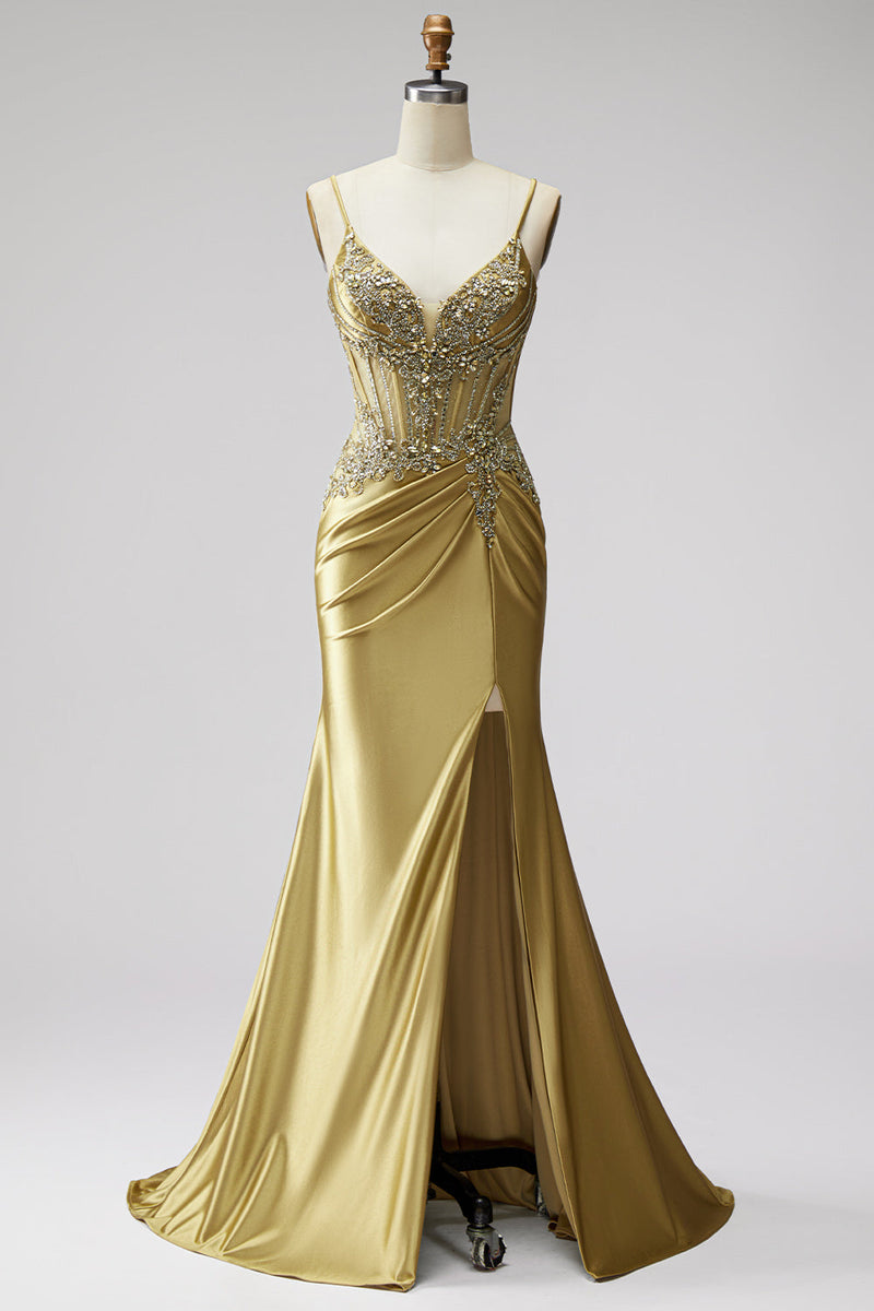 Laden Sie das Bild in den Galerie-Viewer, Goldenes Meerjungfrauen Korsett Satin Strassstein Gerafftes Spaghettiträger Langes Abschlussballkleid mit Schlitz