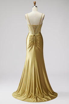 Goldenes Meerjungfrauen Korsett Satin Strassstein Gerafftes Spaghettiträger Langes Abschlussballkleid mit Schlitz