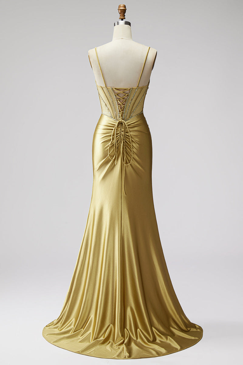 Laden Sie das Bild in den Galerie-Viewer, Goldenes Meerjungfrauen Korsett Satin Strassstein Gerafftes Spaghettiträger Langes Abschlussballkleid mit Schlitz