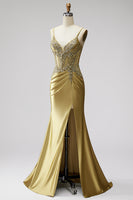 Laden Sie das Bild in den Galerie-Viewer, Goldenes Meerjungfrauen Korsett Satin Strassstein Gerafftes Spaghettiträger Langes Abschlussballkleid mit Schlitz