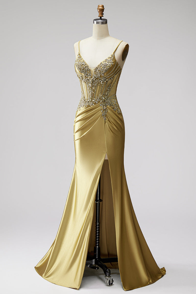 Laden Sie das Bild in den Galerie-Viewer, Goldenes Meerjungfrauen Korsett Satin Strassstein Gerafftes Spaghettiträger Langes Abschlussballkleid mit Schlitz