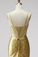 Laden Sie das Bild in den Galerie-Viewer, Goldenes Meerjungfrauen Korsett Satin Strassstein Gerafftes Spaghettiträger Langes Abschlussballkleid mit Schlitz