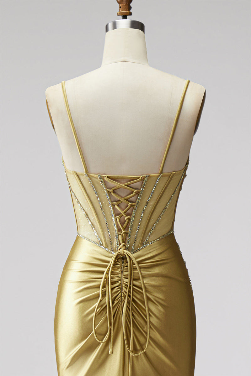 Laden Sie das Bild in den Galerie-Viewer, Goldenes Meerjungfrauen Korsett Satin Strassstein Gerafftes Spaghettiträger Langes Abschlussballkleid mit Schlitz