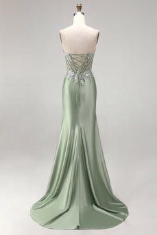 Hellgrünes 3D-Blumenapplikationen Korsett Transparentes Gerafftes Satin Strassstein Langes Ballkleid mit Schlitz