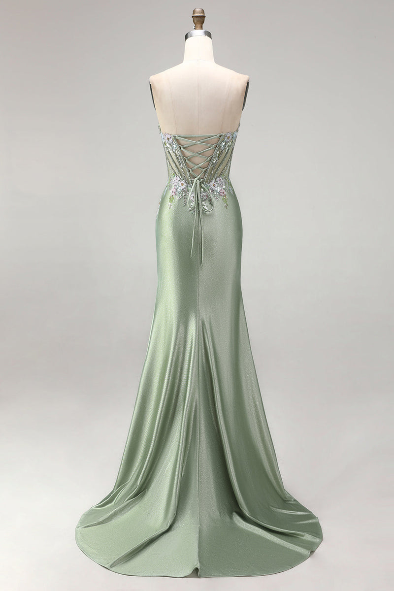Laden Sie das Bild in den Galerie-Viewer, Hellgrüne 3D-Blumenapplikationen Korsett, transparentes, gerafftes Satin, Strassstein-Langkleid mit Schlitz