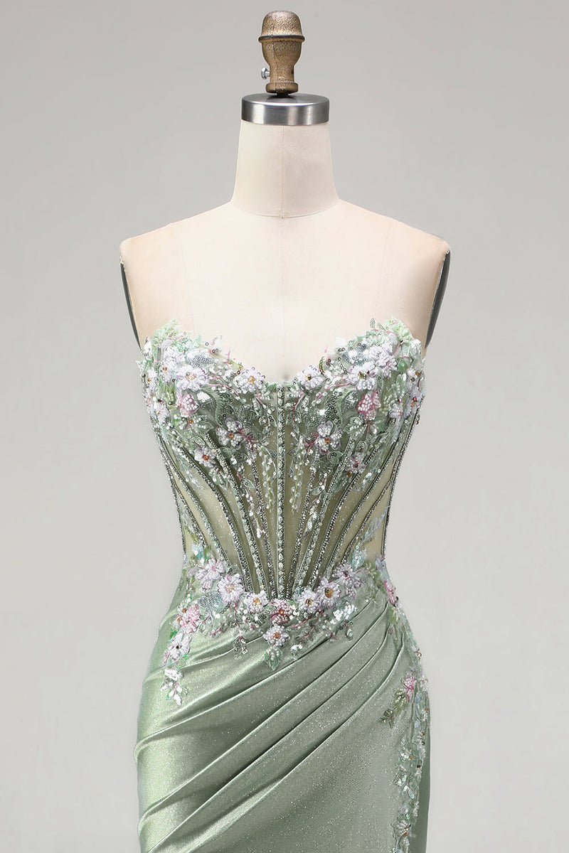 Laden Sie das Bild in den Galerie-Viewer, Hellgrüne 3D-Blumenapplikationen Korsett, transparentes, gerafftes Satin, Strassstein-Langkleid mit Schlitz