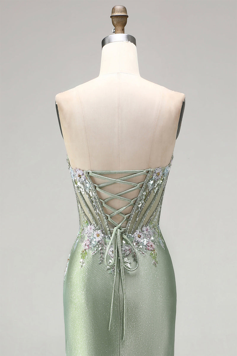 Laden Sie das Bild in den Galerie-Viewer, Hellgrüne 3D-Blumenapplikationen Korsett, transparentes, gerafftes Satin, Strassstein-Langkleid mit Schlitz