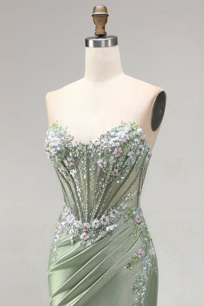 Laden Sie das Bild in den Galerie-Viewer, Hellgrüne 3D-Blumenapplikationen Korsett, transparentes, gerafftes Satin, Strassstein-Langkleid mit Schlitz