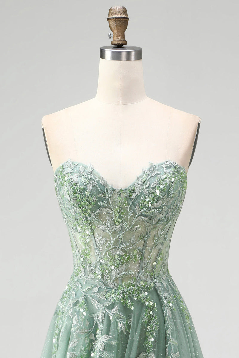 Laden Sie das Bild in den Galerie-Viewer, Glitzer Staubiges Salbei Korsett Blumenapplikationen Tüll Trägerloses Pailletten Langes Abschlussballkleid mit Schlitz