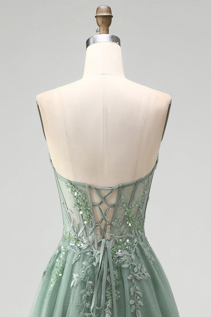 Laden Sie das Bild in den Galerie-Viewer, Glitzer Staubiges Salbei Korsett Blumenapplikationen Tüll Trägerloses Pailletten Langes Abschlussballkleid mit Schlitz