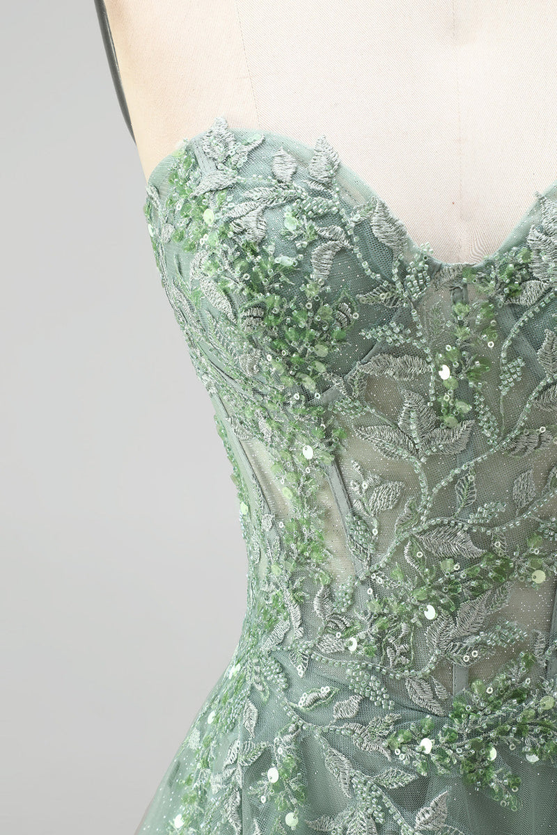 Laden Sie das Bild in den Galerie-Viewer, Glitzer Staubiges Salbei Korsett Blumenapplikationen Tüll Trägerloses Pailletten Langes Abschlussballkleid mit Schlitz