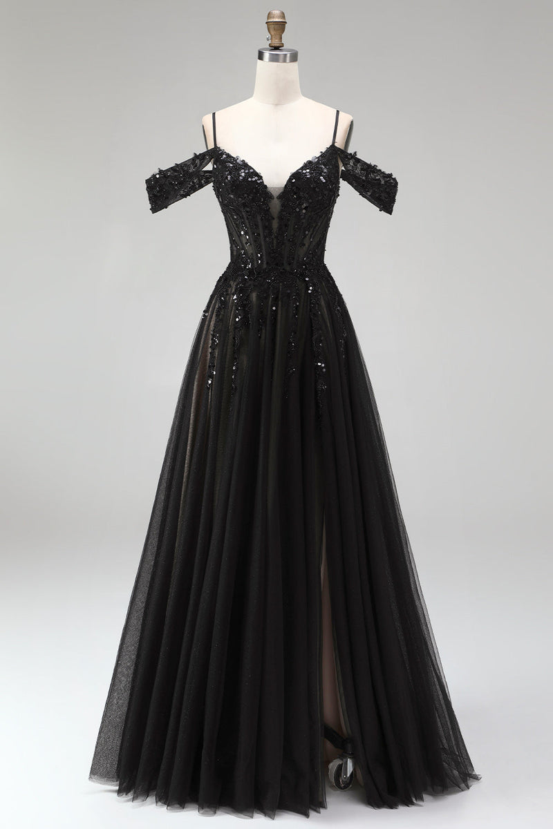 Laden Sie das Bild in den Galerie-Viewer, Kalte Schulter Schwarzes A-Linie Tüll Pailletten Appliquen Langes Abschlussballkleid mit Schlitz