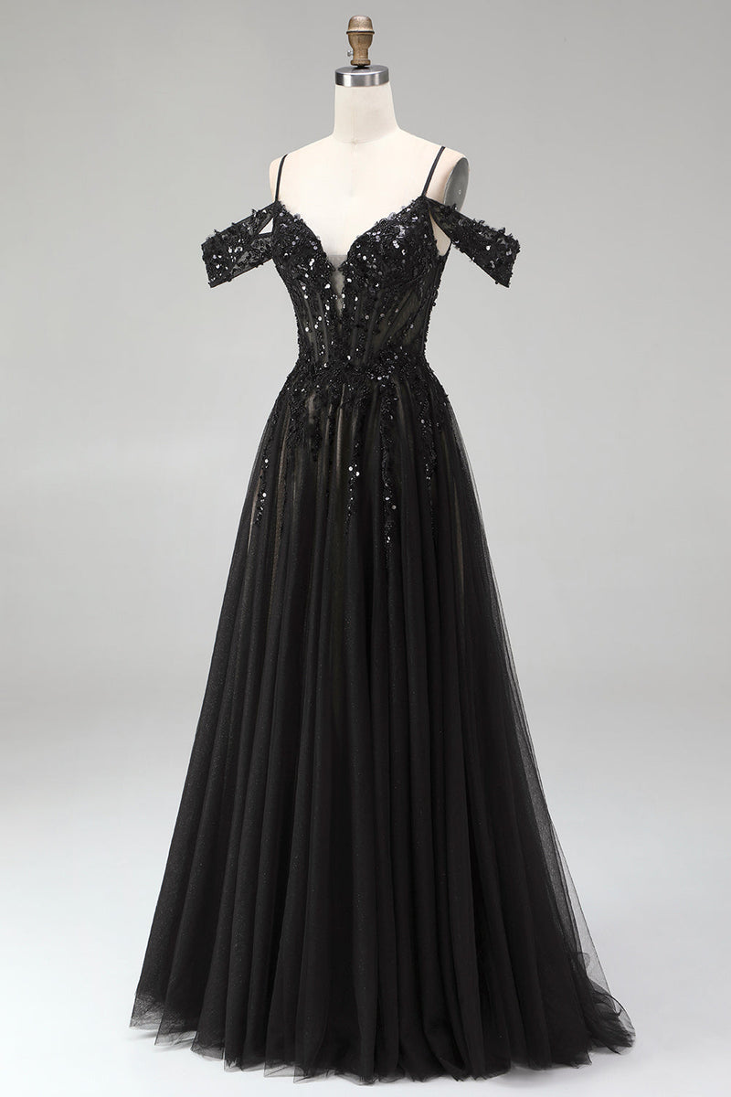 Laden Sie das Bild in den Galerie-Viewer, Kalte Schulter Schwarzes A-Linie Tüll Pailletten Appliquen Langes Abschlussballkleid mit Schlitz