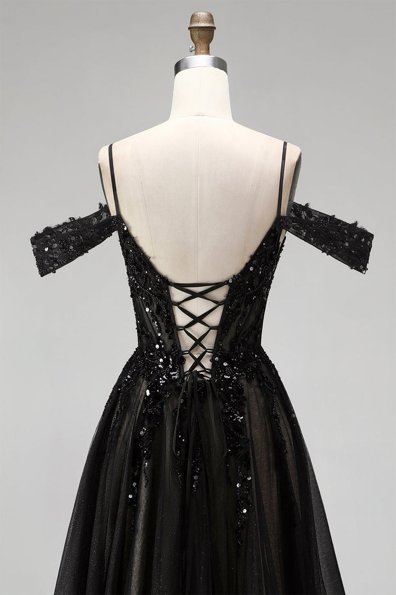 Laden Sie das Bild in den Galerie-Viewer, Kalte Schulter Schwarzes A-Linie Tüll Pailletten Appliquen Langes Abschlussballkleid mit Schlitz