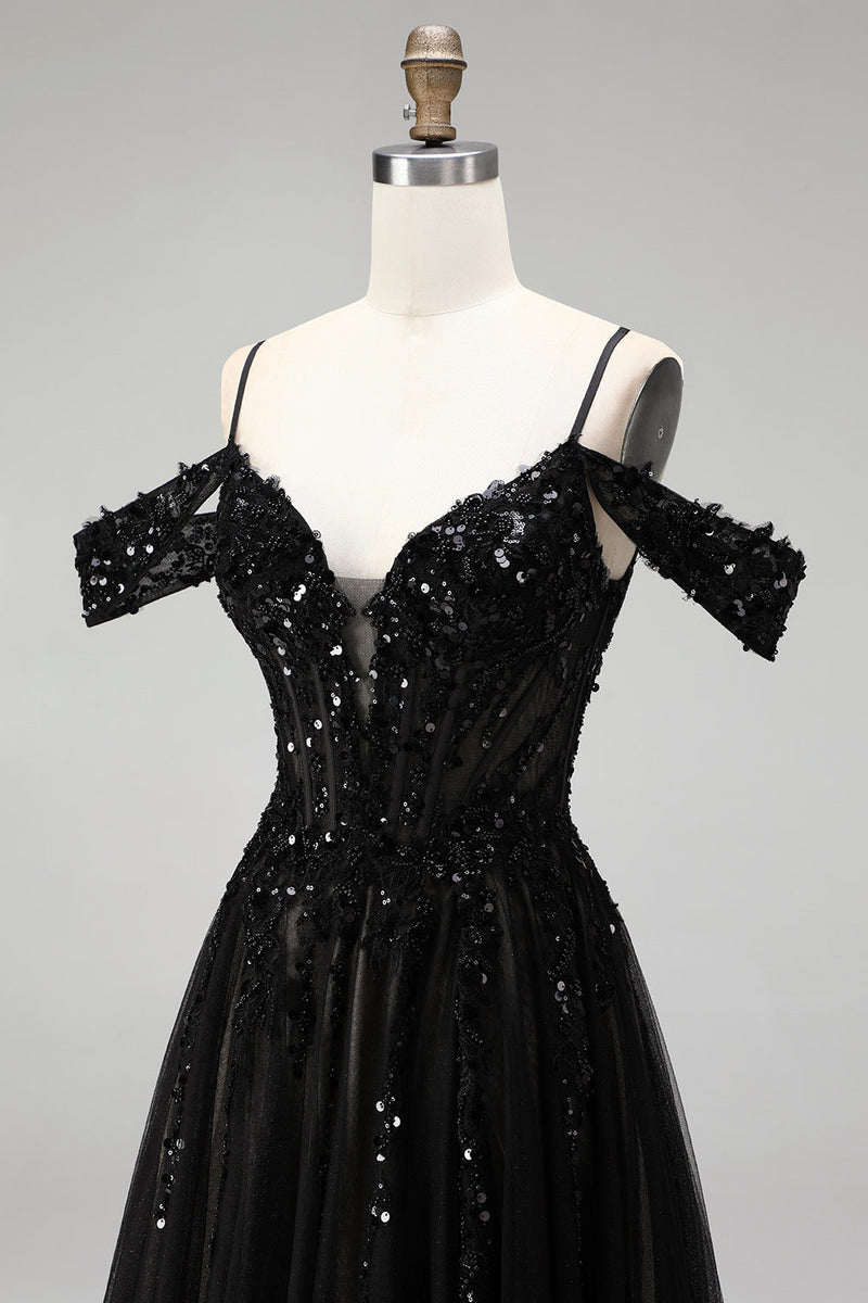 Laden Sie das Bild in den Galerie-Viewer, Kalte Schulter Schwarzes A-Linie Tüll Pailletten Appliquen Langes Abschlussballkleid mit Schlitz