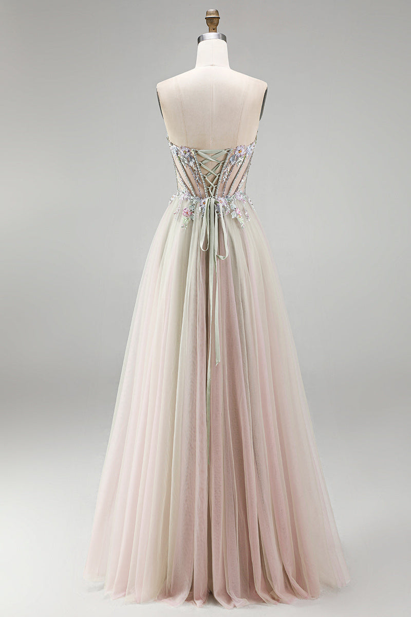 Laden Sie das Bild in den Galerie-Viewer, Dusty Rose Blumenapplikationen Rhinestone Korsett Tüll A-Linie Trägerloses Langes Abschlussballkleid mit Schlitz