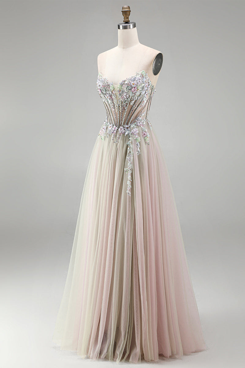 Laden Sie das Bild in den Galerie-Viewer, Dusty Rose Blumenapplikationen Rhinestone Korsett Tüll A-Linie Trägerloses Langes Abschlussballkleid mit Schlitz