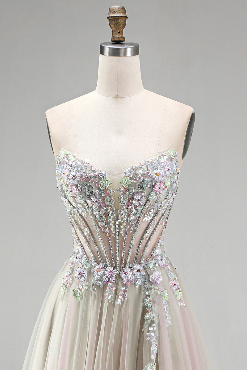 Laden Sie das Bild in den Galerie-Viewer, Dusty Rose Blumenapplikationen Rhinestone Korsett Tüll A-Linie Trägerloses Langes Abschlussballkleid mit Schlitz