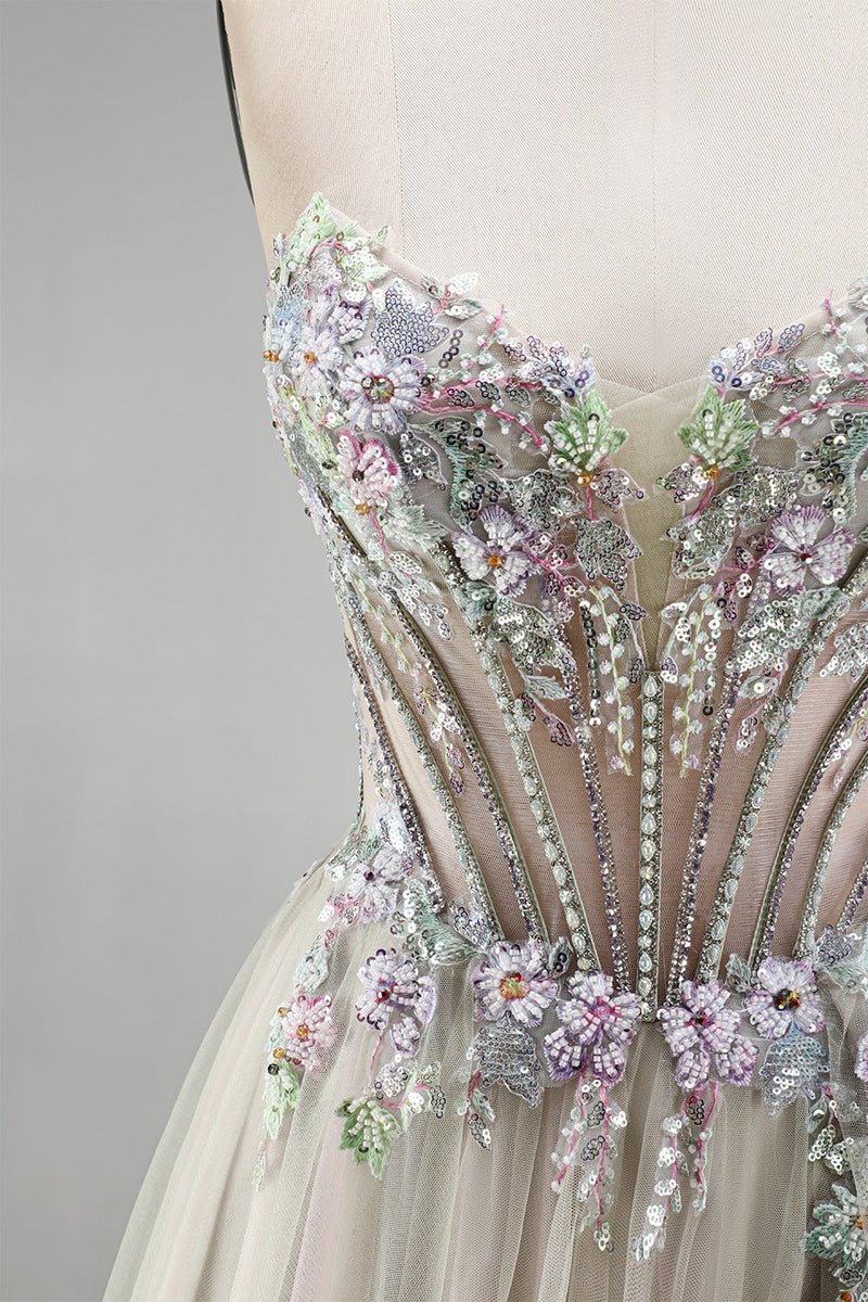 Laden Sie das Bild in den Galerie-Viewer, Dusty Rose Blumenapplikationen Rhinestone Korsett Tüll A-Linie Trägerloses Langes Abschlussballkleid mit Schlitz