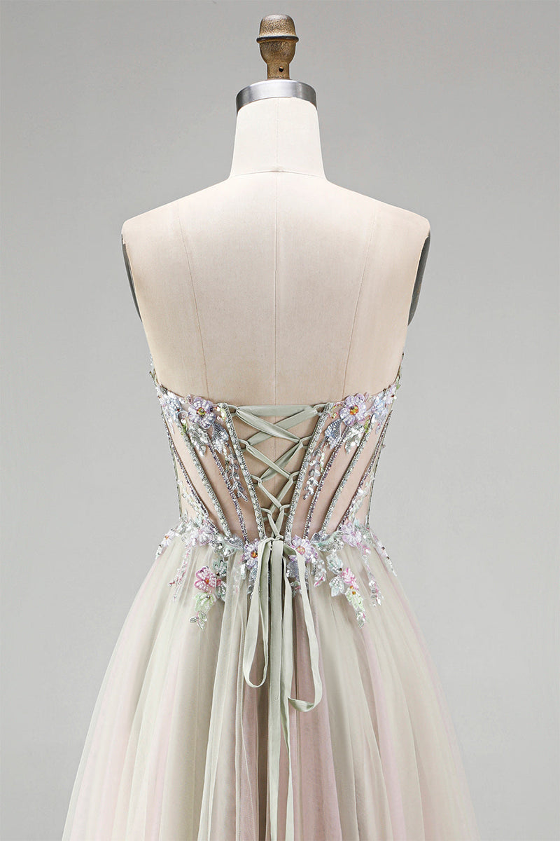 Laden Sie das Bild in den Galerie-Viewer, Dusty Rose Blumenapplikationen Rhinestone Korsett Tüll A-Linie Trägerloses Langes Abschlussballkleid mit Schlitz