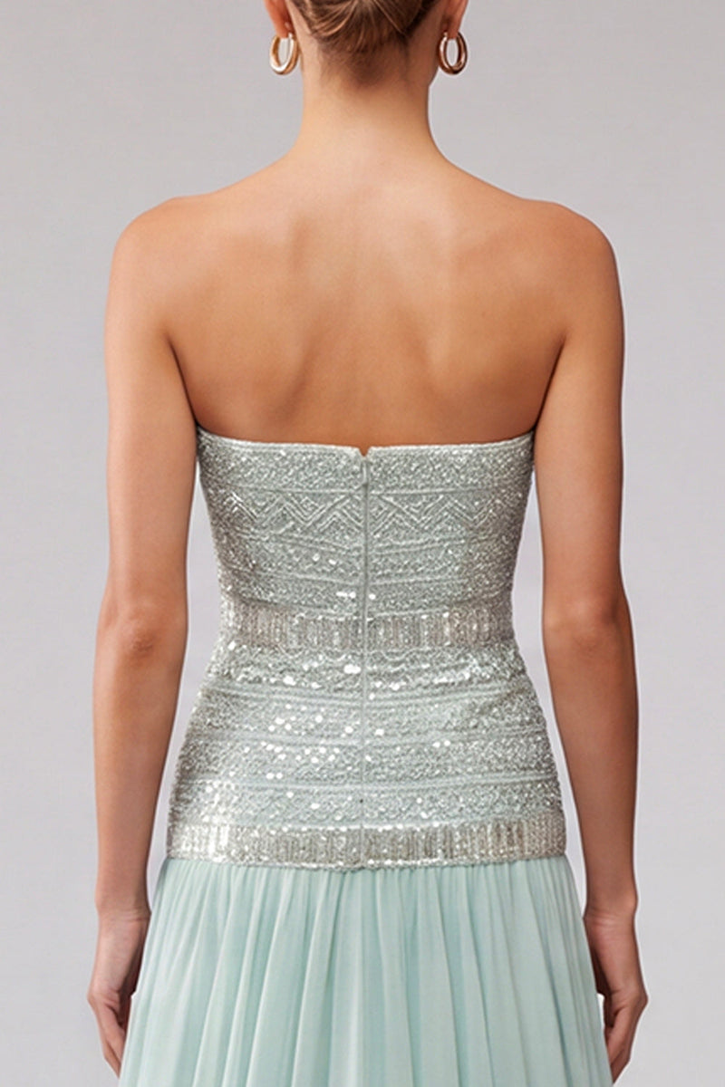 Laden Sie das Bild in den Galerie-Viewer, Mint-Pailletten, plissiertes Chiffon-A-Line-langes langes Abschlussballkleid mit Perlen