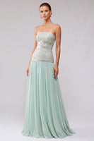 Laden Sie das Bild in den Galerie-Viewer, Mint-Pailletten, plissiertes Chiffon-A-Line-langes langes Abschlussballkleid mit Perlen