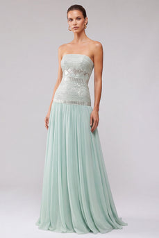 Mint Pailletten Plissiertes Chiffon A-Linie Langes Abschlussballkleid mit Strass