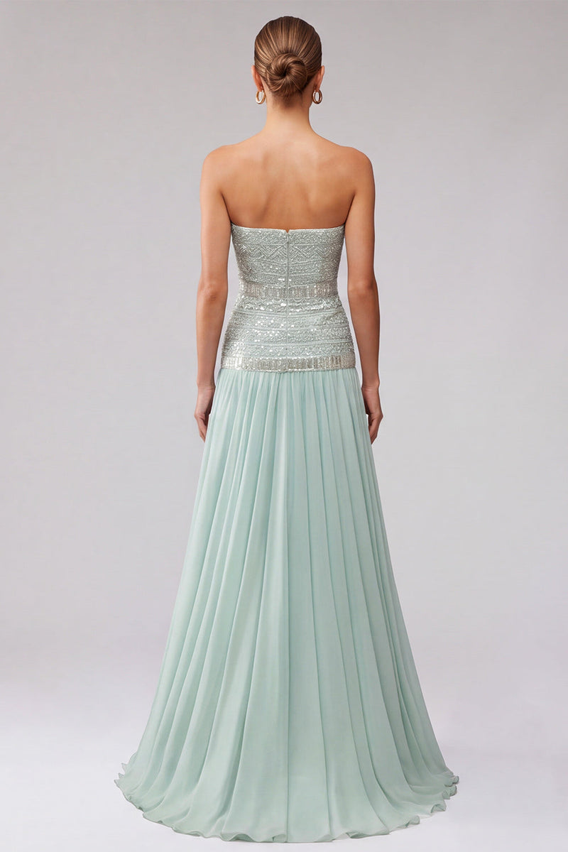 Laden Sie das Bild in den Galerie-Viewer, Mint-Pailletten, plissiertes Chiffon-A-Line-langes langes Abschlussballkleid mit Perlen