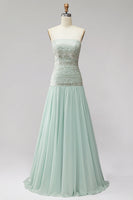 Laden Sie das Bild in den Galerie-Viewer, Mint-Pailletten, plissiertes Chiffon-A-Line-langes langes Abschlussballkleid mit Perlen