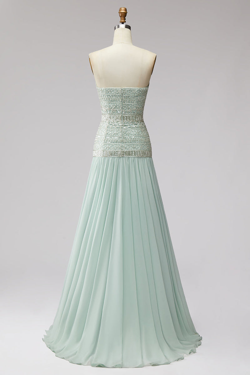 Laden Sie das Bild in den Galerie-Viewer, Mint-Pailletten, plissiertes Chiffon-A-Line-langes langes Abschlussballkleid mit Perlen