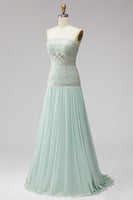 Laden Sie das Bild in den Galerie-Viewer, Mint-Pailletten, plissiertes Chiffon-A-Line-langes langes Abschlussballkleid mit Perlen