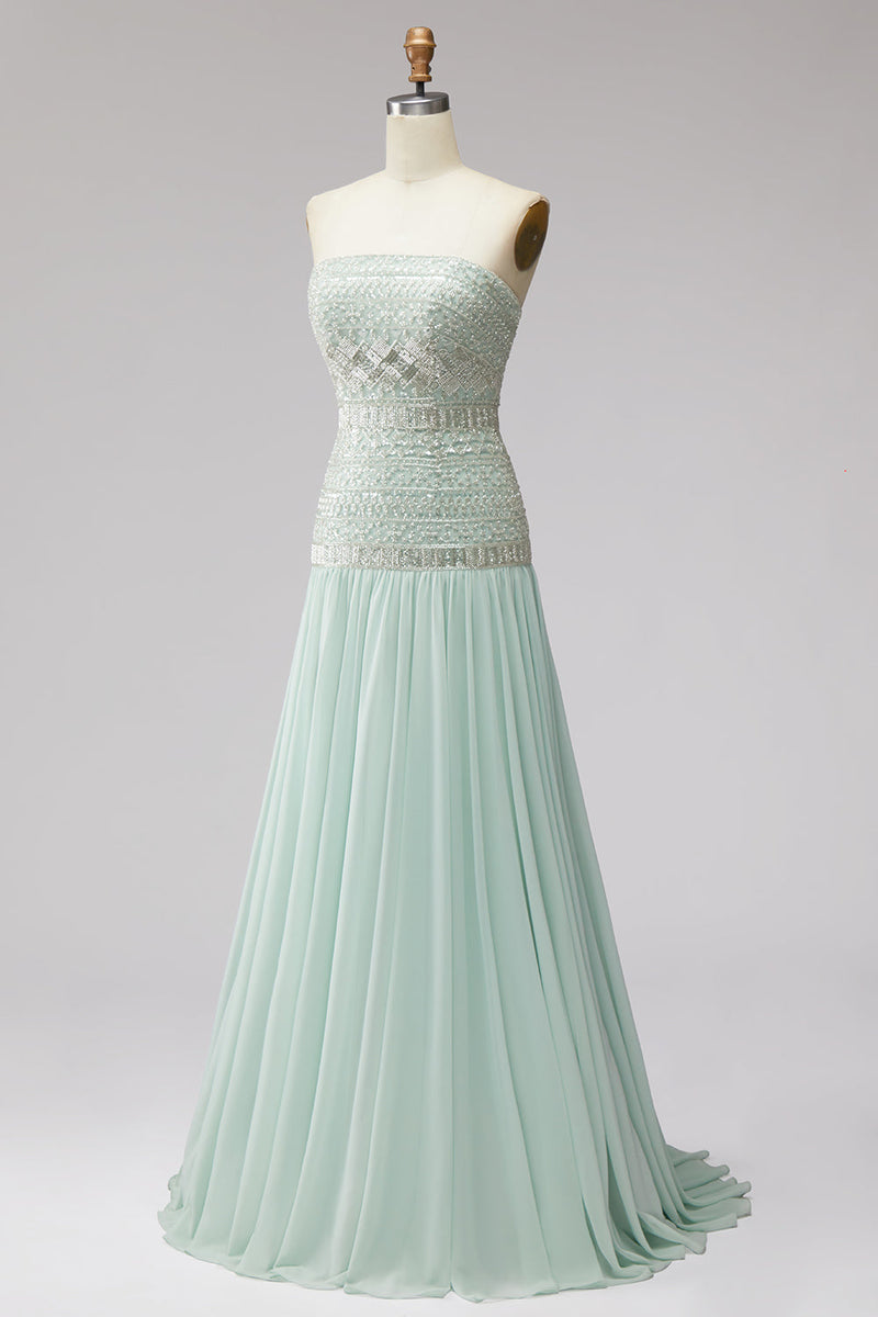 Laden Sie das Bild in den Galerie-Viewer, Mint-Pailletten, plissiertes Chiffon-A-Line-langes langes Abschlussballkleid mit Perlen