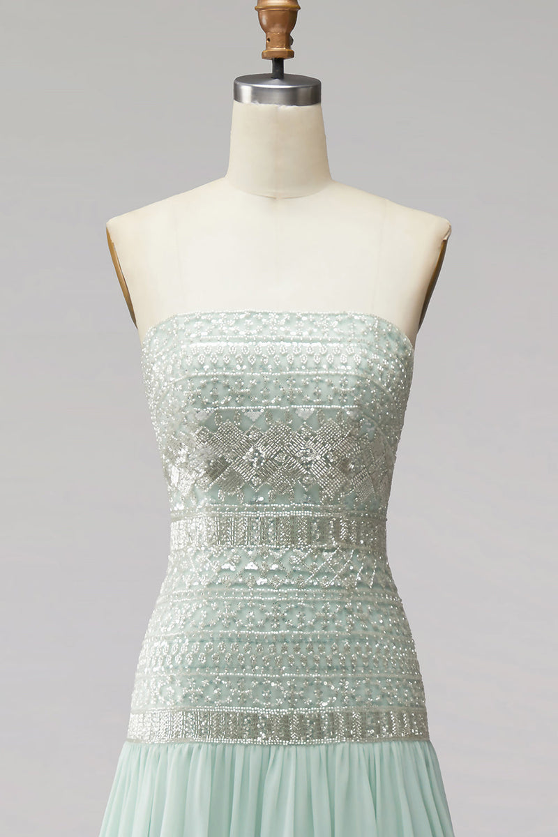 Laden Sie das Bild in den Galerie-Viewer, Mint-Pailletten, plissiertes Chiffon-A-Line-langes langes Abschlussballkleid mit Perlen