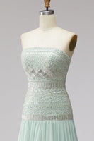 Laden Sie das Bild in den Galerie-Viewer, Mint-Pailletten, plissiertes Chiffon-A-Line-langes langes Abschlussballkleid mit Perlen